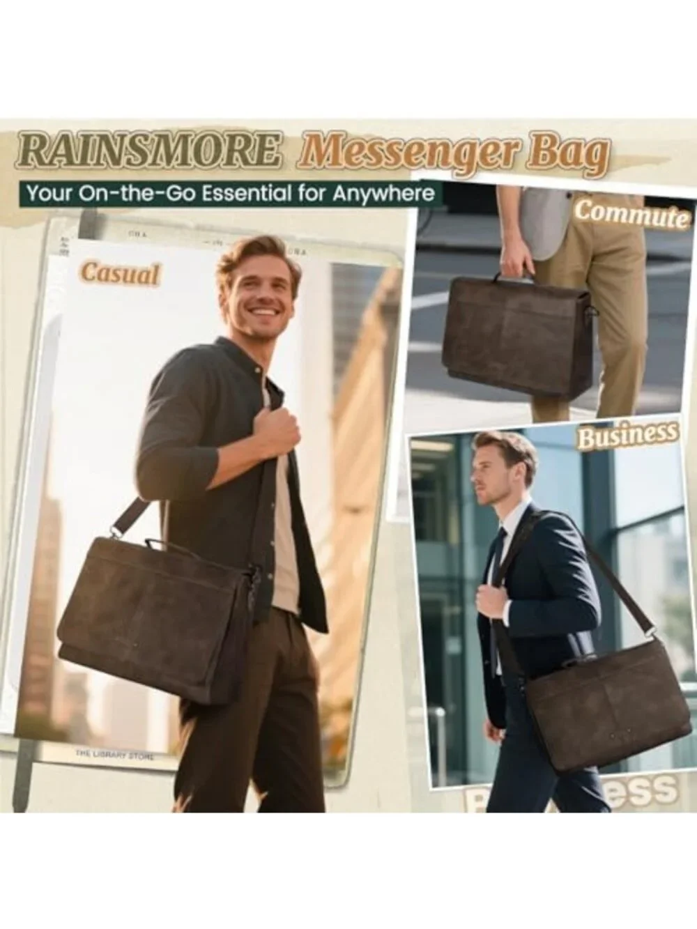 Vintage PU Leather Messenger Bag for Men - 15.6